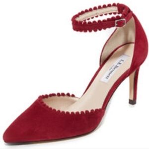 K. Bennett Ellora Pom Pom D’Orsay Ankle Strap Suede Pumps Red